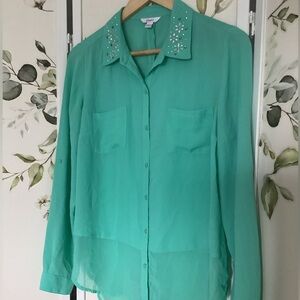 Candie’s blouse L sheer turquoise green EUC bejeweled collar long sleeve